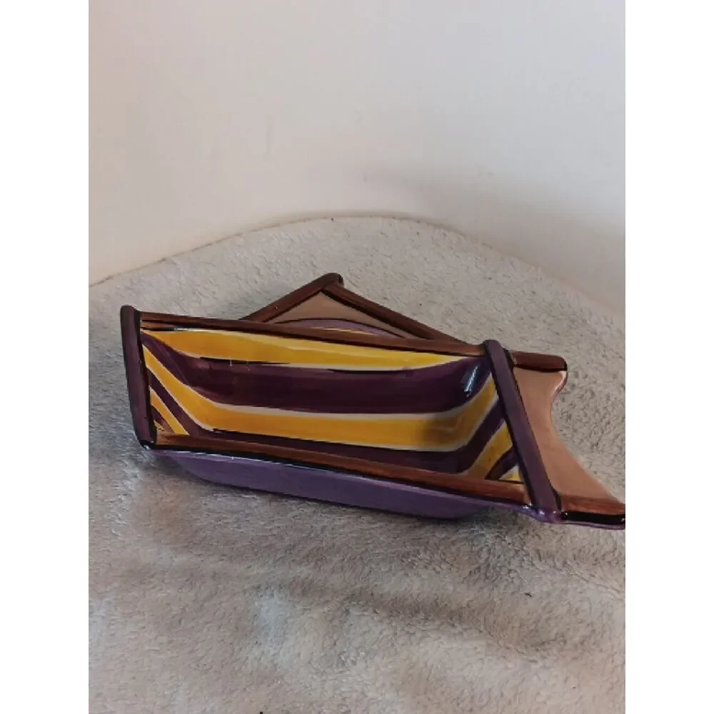 Clay Art Purple and Yellow Beachy Ceramic Snack Tray / Trinket Dish
